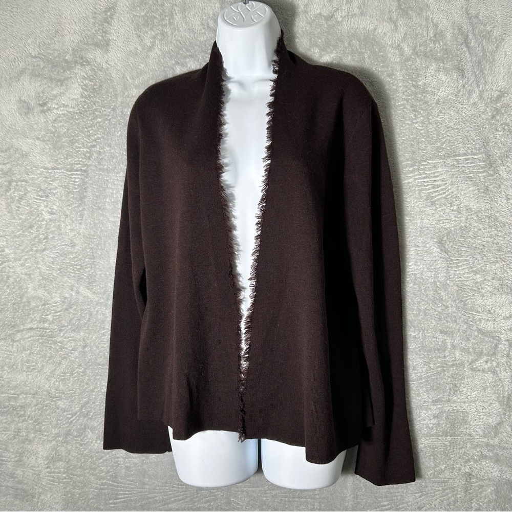Eileen Fisher Wool Cardigan Womens Medium Brown Fringe Open Classic‎ Sweater